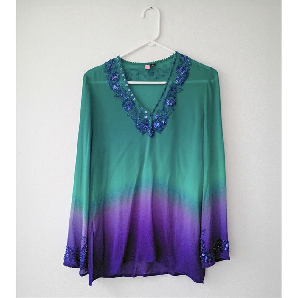 ITSU Silk Beaded Tunic Top – Ombré Teal Purple Womens Size 6 - Picture 2 of 8